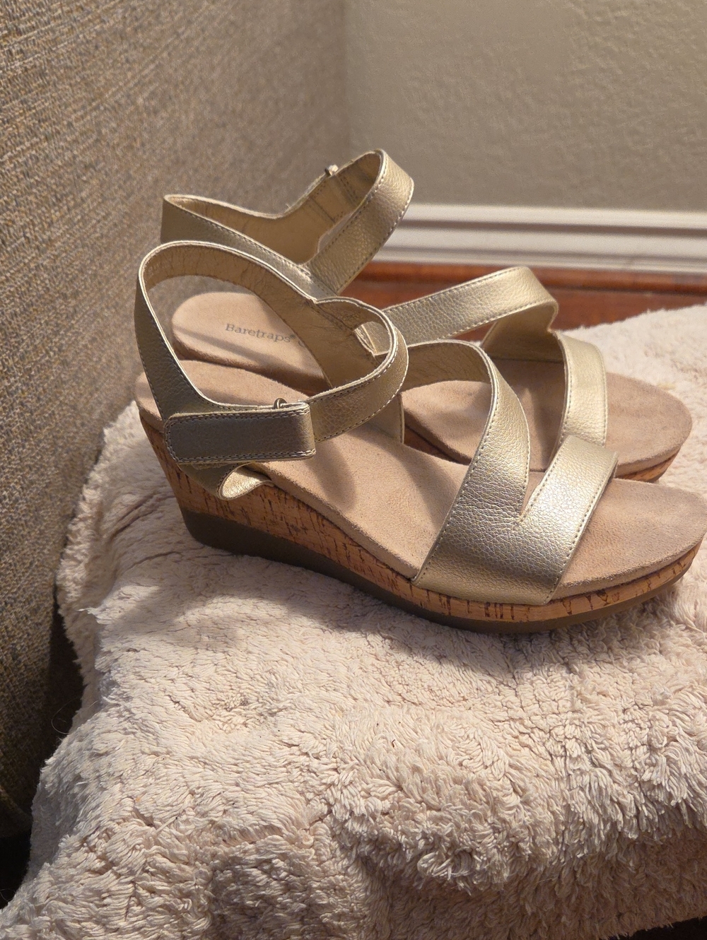 BareTraps Metallic Gold Cork Wedge Sandals